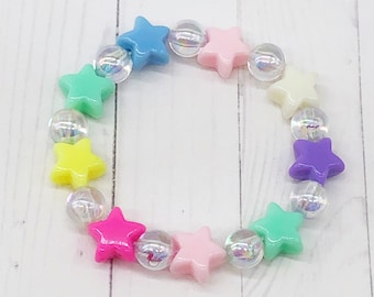 Little Girls Rainbow Star Beaded Bracelet, Toddler Kid's Party Favors, Granddaughter Birthday Gift.