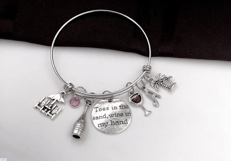 Toes in the Sand Wine in my Hand Bracelet Vacation Jewelry Gift Women/'s Red Wine Glass Personalized Bracelet Silver Birthstone Bracelet