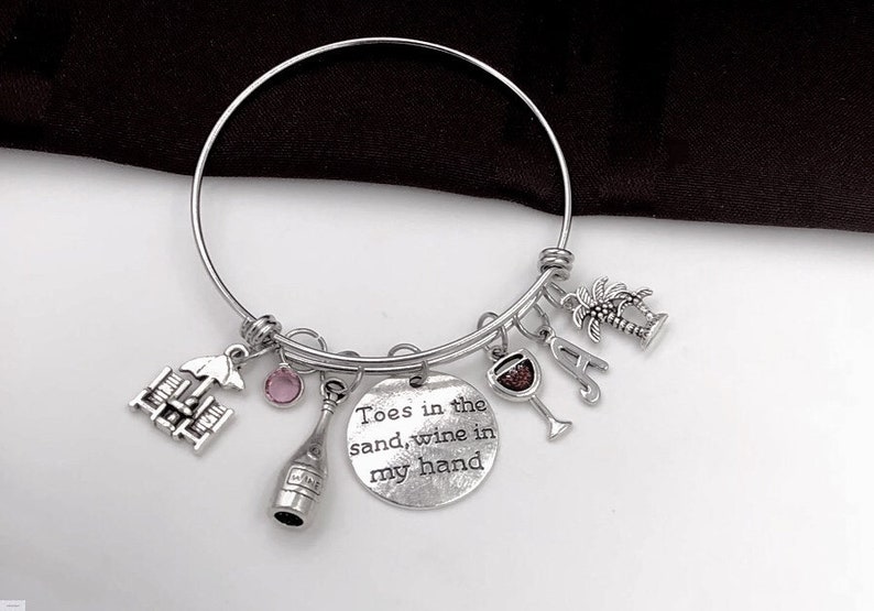 Toes in the Sand Wine in my Hand Bracelet Vacation Jewelry Gift Women/'s Red Wine Glass Personalized Bracelet Silver Birthstone Bracelet