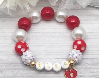 Valentines Day Heart Beaded Bracelets, Little Girls Birthday Gifts, Personalized Name Stretchy Bracelet.