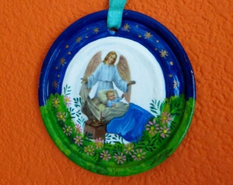Sacred Recycled Can Lid Milagro Ornament - The Holy Guardian Angel and Milagro - Peru