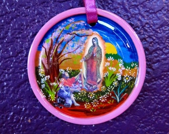 Sacred Recycled Can Lid Milagro Ornament - La Virgen de la Guadalupe-La Virgin Guadalupe Juan Diego and Milagro - Peru