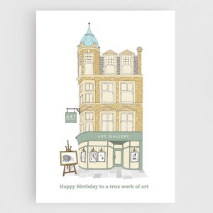 Happy Birthday für ein Kunstwerk – Künstler-Geburtstagskarte, illustriertes Galerie-Design, kreatives Geschenk für Kunstliebhaber, Grußkarte