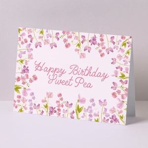 Verjaardagskaart zoete erwt, roze bloemenaquarelprint, leuke gelukkige verjaardagskaart voor haar, handgeschilderd bloemontwerp voor vriend of dochter