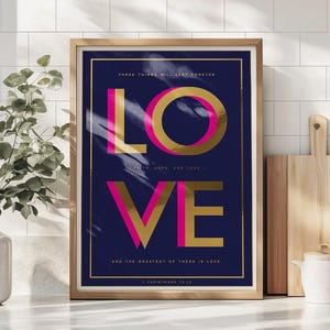 Faith Hope Love Wall Art – Christian Bible Verse Print with Gold Foil, 1 Corinthians 13 Wedding Gift, Anniversary Scripture Poster