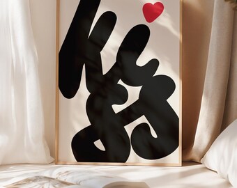 Kiss Typography Wall Art, Heart Poster, Graffiti-style Lettering Print, Hip Apartment Aesthetic Decor, Modern Love Print, Romantic Bedroom