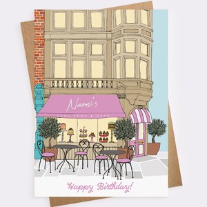 Jolie carte de joyeux anniversaire rose avec illustration d'un café inspiré de Londres de cartes d'anniversaire illustrées de pâtisserie pour les amis et les amateurs de gâteaux