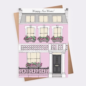 Carte de voeux Happy New Home Illustration assez rose Carte de célébration de déménagement Félicitations pour votre emménagement en pendaison de crémaillère