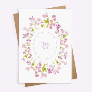Bedankkaart | Roze zoete erwtbloemen, botanisch aquarel bloemdessin voor leraar cadeau, bedankje bruidsmeisje of dankbetuiging bruiloft
