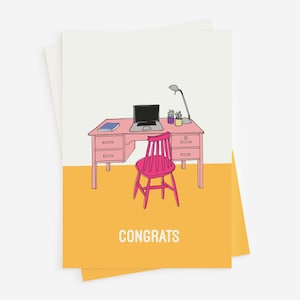 Biglietto di congratulazioni, congratulazioni per la laurea, nuovo lavoro, successo agli esami, festa per la scuola/università, biglietto illustrativo rosa per lei con un bel lavoro