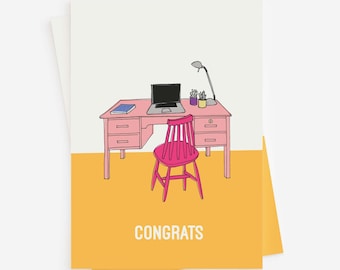 Congrats Card: Illustrated Pink Desk, New Job, Graduation