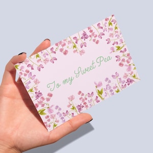 Biglietto d'auguri "To My Sweet Pea" / Biglietto d'auguri romantico floreale rosa per il partner o San Valentino, fiori acquerellati dipinti a mano
