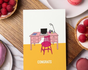 Congrats Card, Colourful Exam Results Celebration Card, Congratulations on the New Job, Graduation, or Work Promotion, Cute Illustrated Desk