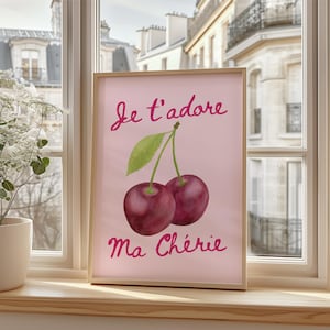 Je T’adore Ma Chérie Cherry Wandbild - Französisches Zitat, Rosa Dopamin-Dekor für die Küche, Retro-Obst Aquarell, ästhetisches Kunstposter