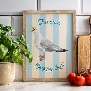 Funny Kitchen Wall Art, Fancy a Chippy Tea Print, Watercolour Seagull Illustration, Coastal Wall Art, British Seaside Decor, Nautical Home
