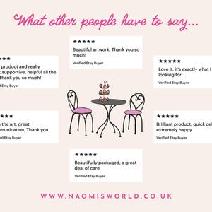 May include: Illustration of a small table with two chairs, and a tiered dessert stand. The chairs have pink seats. Text includes customer reviews and the website address www.naomisworld.co.uk.
