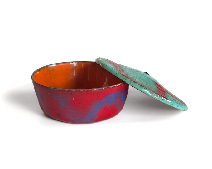 Atomic Age Enamel on Copper Lidded Dish
