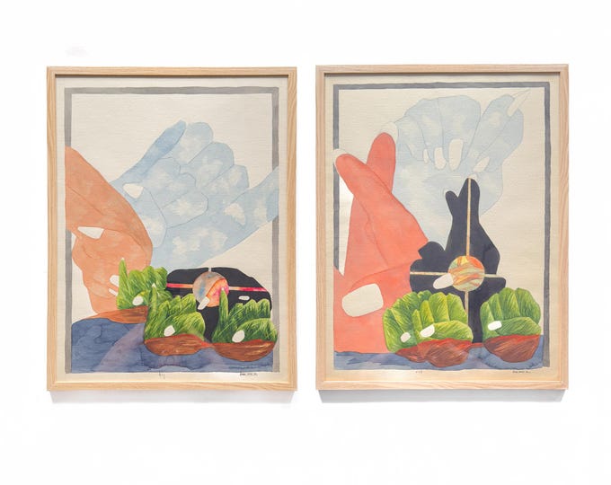Surrealist Watercolor Diptych on Paper, Signed and date 1982
