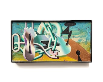 Surrealist Painting On Wood, Mason Rader "Chain of Keyholes", 1993