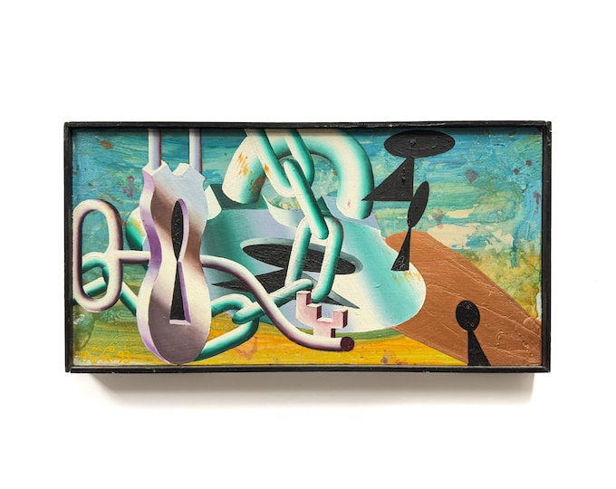 Surrealist Painting On Wood, Mason Rader "Chain of Keyholes", 1993