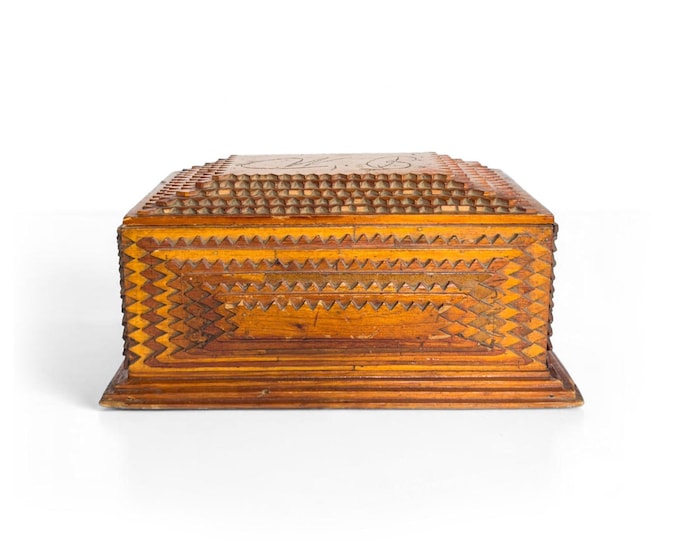 Antique Tramp Art Chest with Carved Initials, W.B.