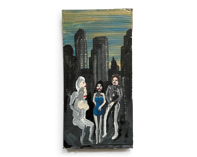 Original Outsider Art Cityscape Painting on Cardboard