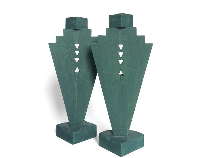 Vintage Handcrafted Green Wooden Art Deco Candlestick Pair