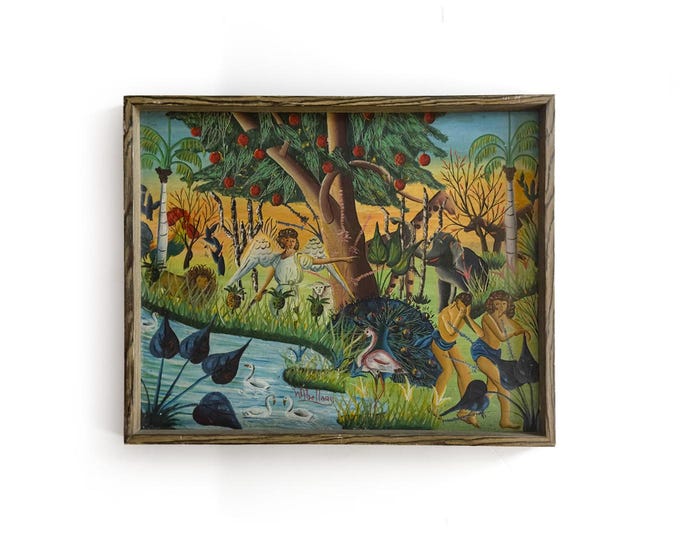 Folk Art Painting: Expulsion from the Garden of Eden, Artist unknown, mid-20th century