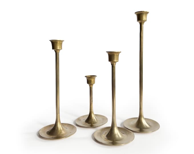Set of 4 Graduated Brass Candlestick Holders – Mid-Century Style