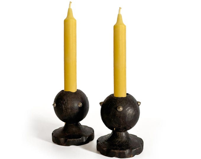 Pair Studded Wood Candle Holders – Brutalist Medieval Style