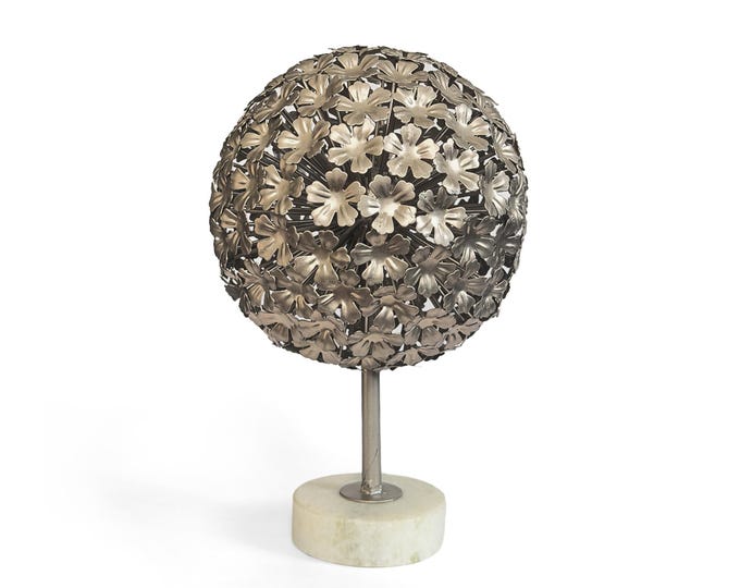 Mid-Century Modern Metalwork Floral Sphere Sculpture on Marble Base