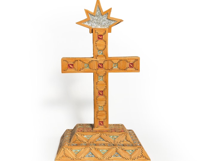 Folk Art Standing Matchstick Cross with Glitter
