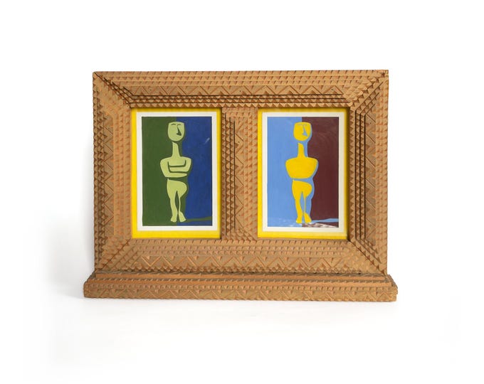 Standing Tramp Art Frame with Modernist Cycladic Figure Paintings