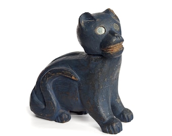 Primitive Carved Wooden Cat with Mirror Eyes