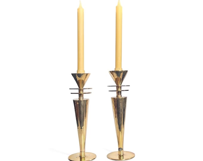 Vintage 1980s Brass Tone Candlesticks – Modernist / Memphis Style – Pair
