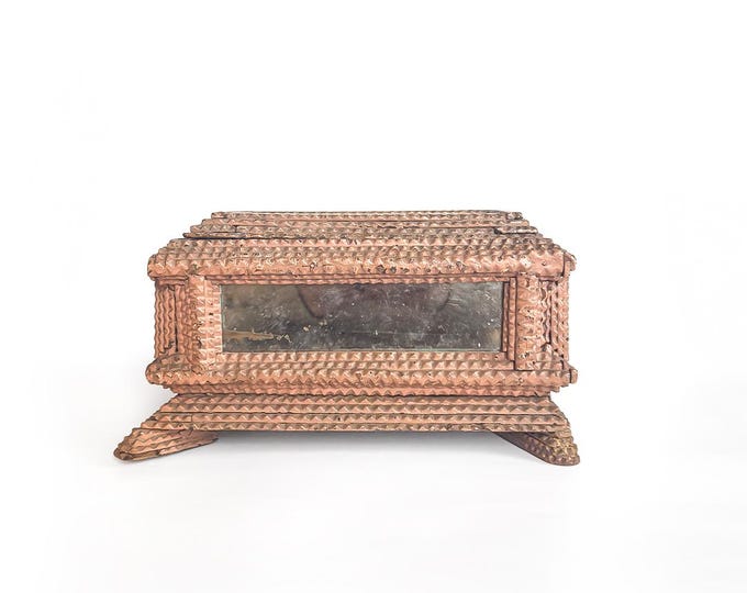 Antique Pink Painted Tramp Art Box with Mirror