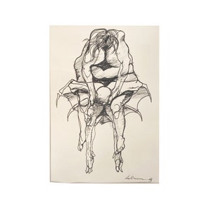 May include: Black and white line drawing of two figures intertwined, one with wings, in a stylized, abstract style. The artist's signature, "LeBrun", is in the bottom right corner.