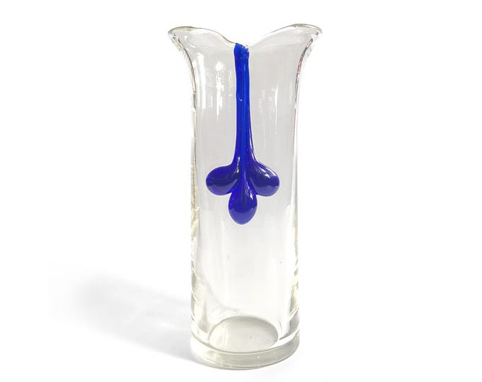 Vintage Clear Art Glass Vase with Applied Cobalt Blue Drip Decoration