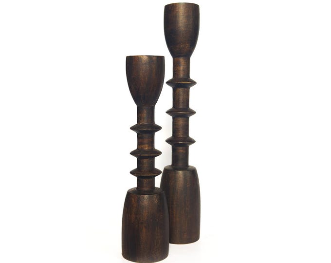 Brutalist Turned Wood Candlestick Pair