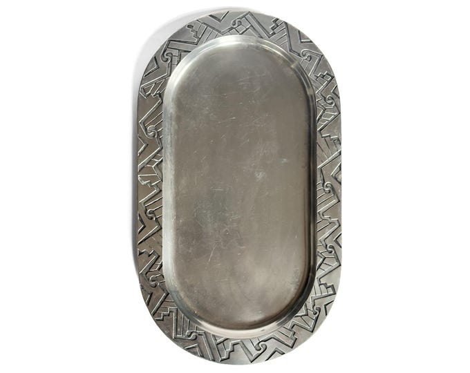 Wilton Armetale Pewter-Tone Oval Serving Tray with Postmodern Aztec Design
