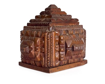 Fancy Cut Antique Tramp Art Cube Box