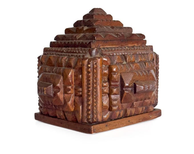 Fancy Cut Antique Tramp Art Cube Box