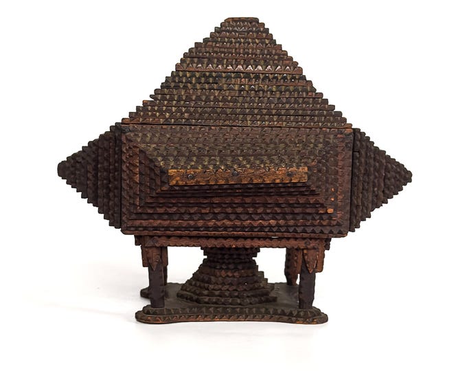 Antique Tramp Art Pyramid Box on Four-Legged Pedestal