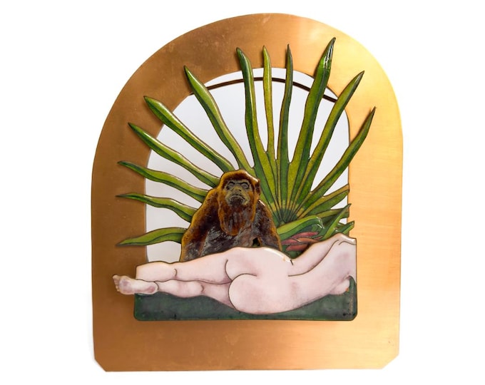 Surrealist Pop Art Copper & Enamel Sculpture – Layered Dimensional Scene with Reclining Nude, Chimp, and Palm Fronds