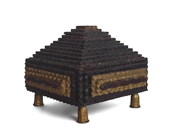 Tramp Art Pyramid Sculpture with Brass Bell Feet