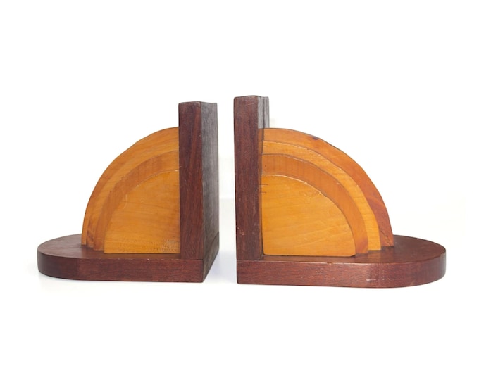 Vintage Handcrafted Art Deco Wooden Bookend Pair