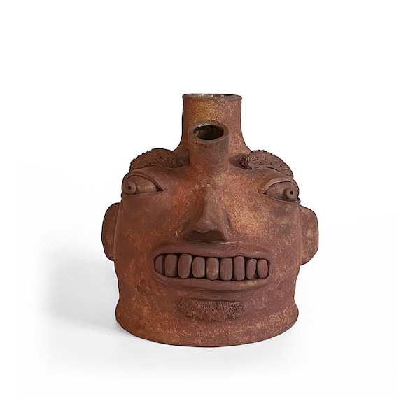 Unglazed Red Clay Face Jug With Spouts