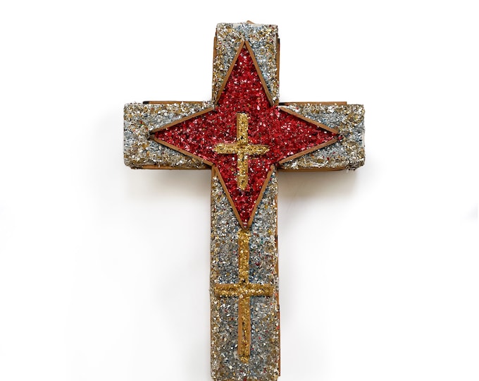 Outsider Art L.W. Crawford Matchstick Cross with Silver and Red Glitter