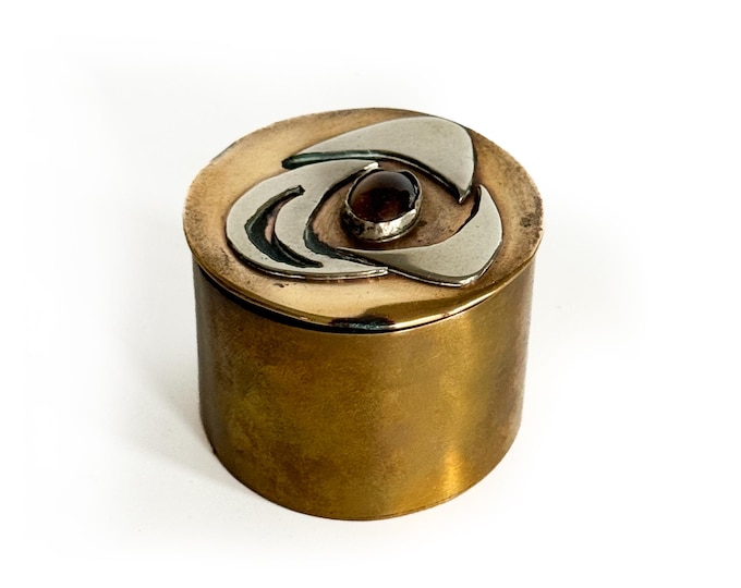 Vintage Brass Brutalist Trinket Box with Tiger’s Eye