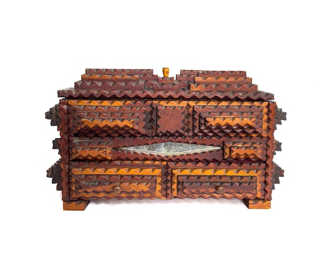 Tramp Art Box with Drawers and Mirror Details